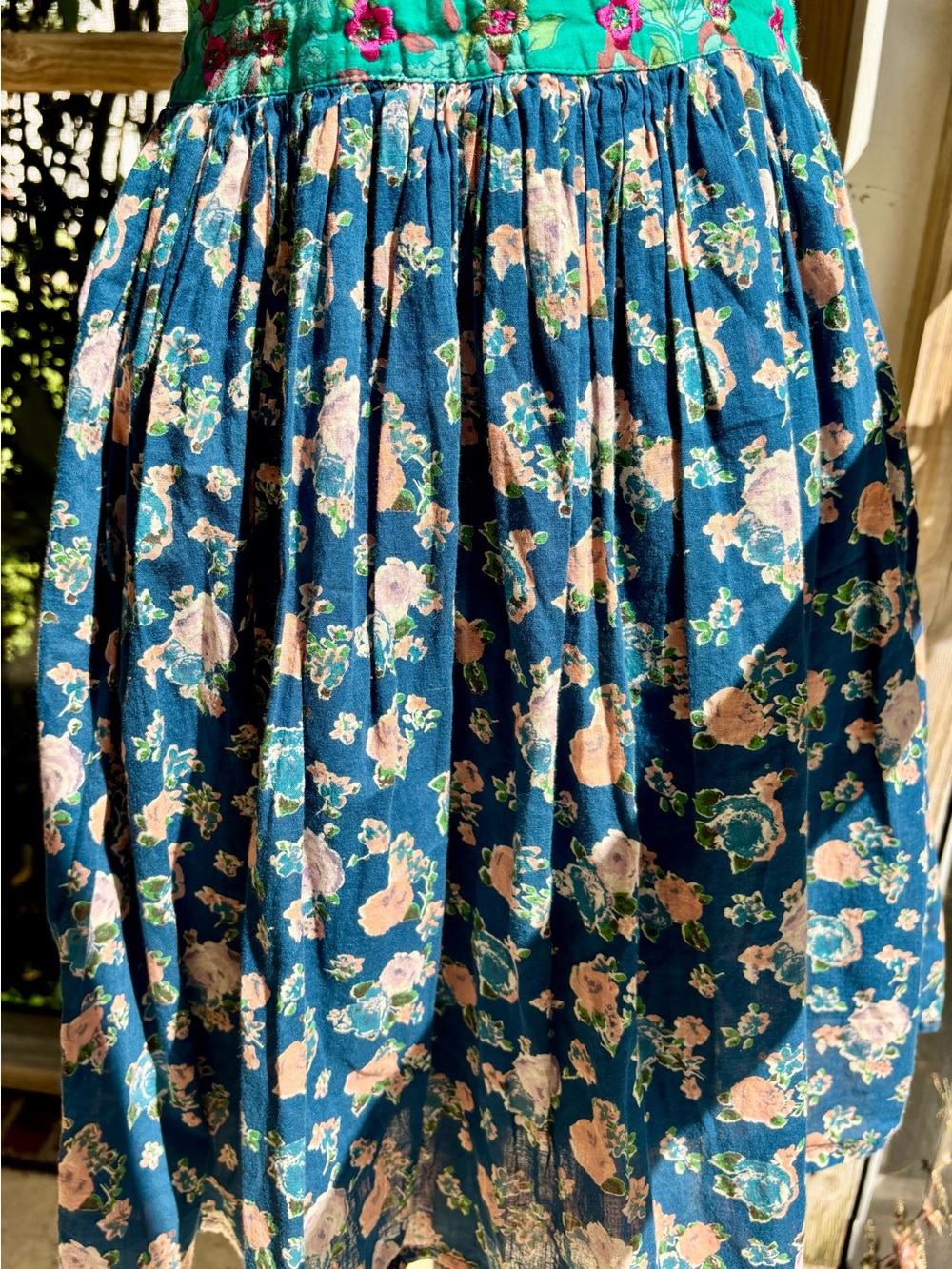 Patrons of Peace Teal and Navy Floral Patchwork Midi Dress - Picture 3 of 5